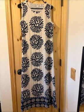 Sleeveless White Maxi Dress with Navy Floral Medallions
